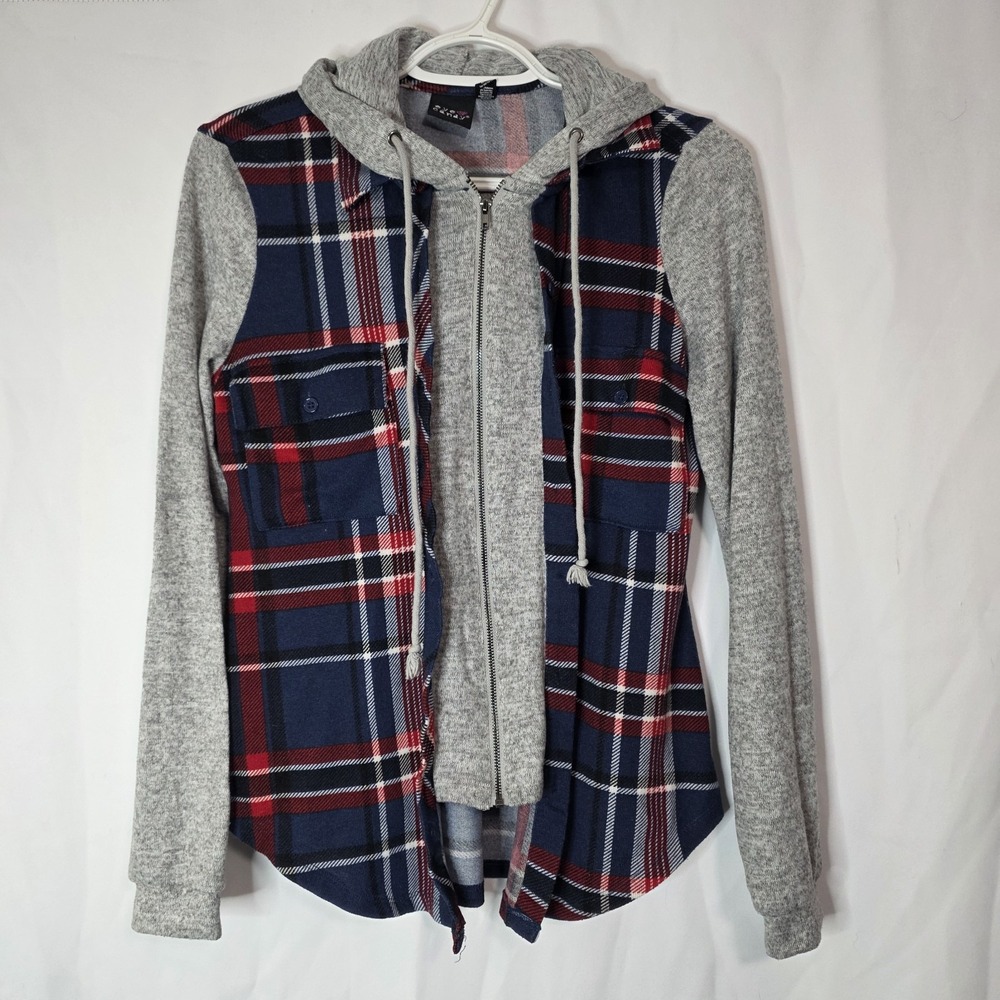 Eye Candy Plaid Hoodie Zip‎ Jacket Cozy Cabin Core Layered Flannel Look